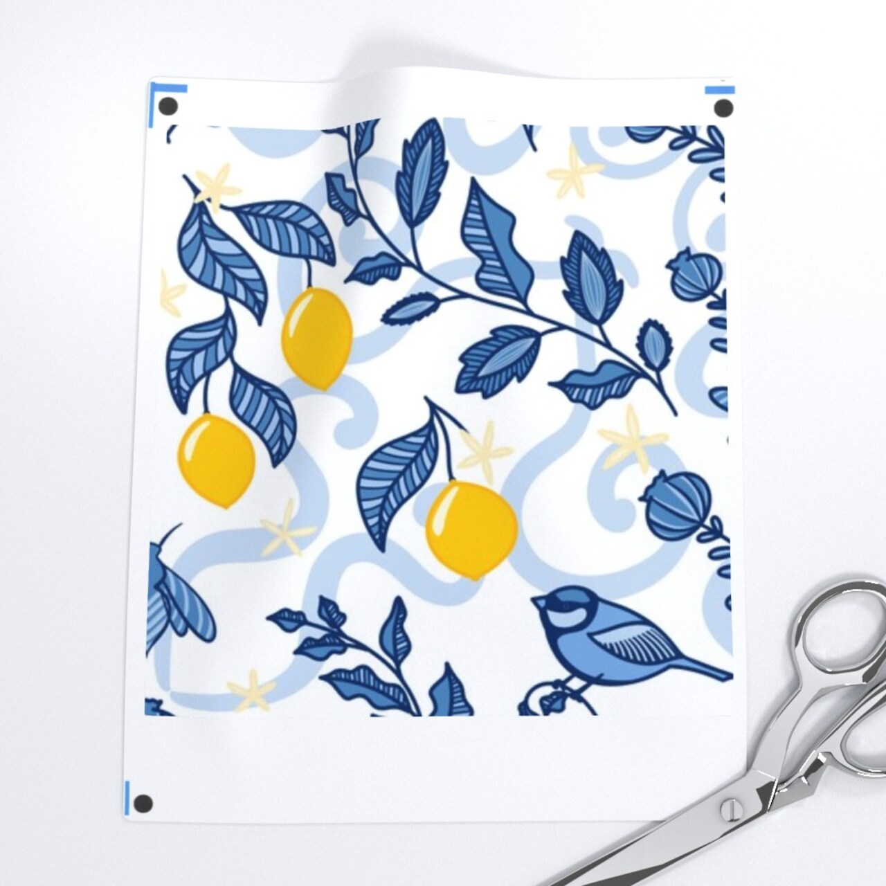 Botanical Citrus Lemon White Blue Whimsical Custom Printed Fabric by Spoonflower Various Fabrics by the Yard or Fat Quarter